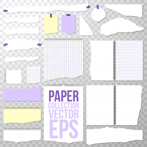 Torn paper pieces from spiral bound notebook. clean or blank pages isolated on transparent. torn off binder papers Free Vector