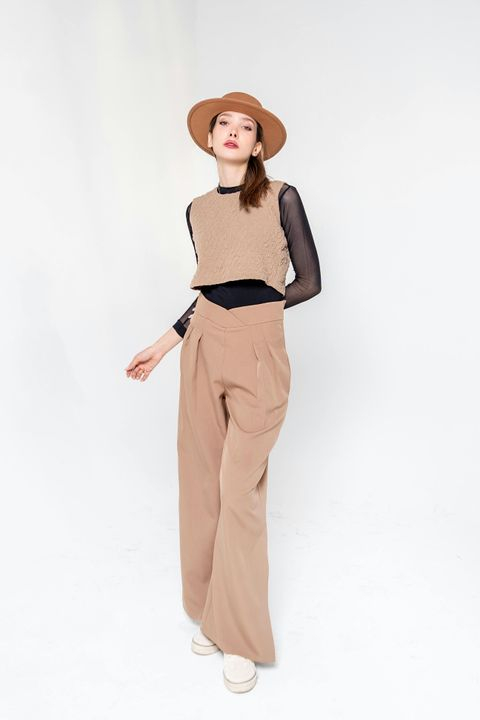 Trendy Fashion Model in Beige Outfit