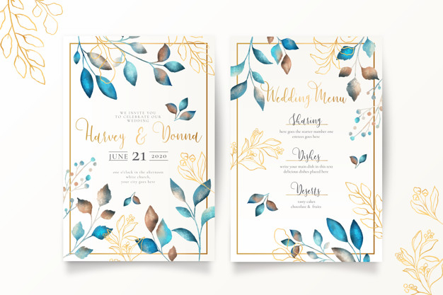Wedding menu and invitation template with metallic leaves Free Vector