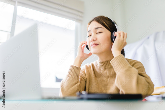 Woman girl stay at home wearing headphone pray and worship GOD with laptop.Prayer girl worship and pray from home for coronavirus crisis.Home church, Church online, Praying hands, Worship at home